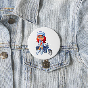 Sassy Biker Girl with Red Hair and Motorcycle  7.5 Cm Round Badge