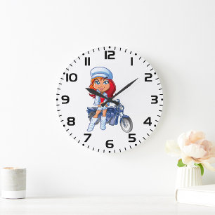 Sassy Biker Girl with Red Hair and Motorcycle  Large Clock