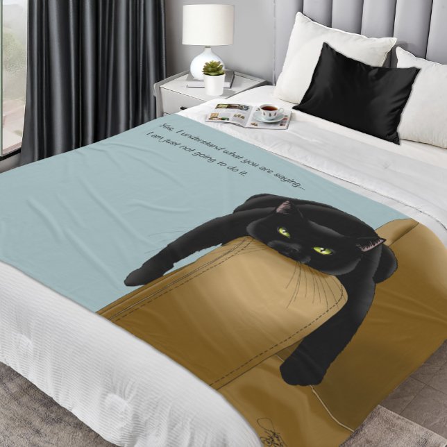 Sassy Black Cat Funny Tired Humour Blue Fleece Blanket (Creator Uploaded)