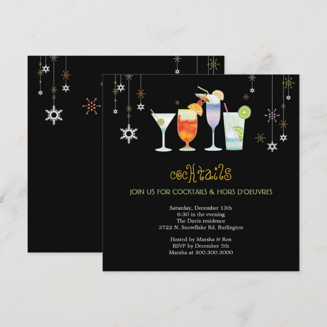 Sassy Black Holiday Cocktail Glasses Party Invitation (Front/Back)
