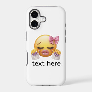 Sassy Blushing Emoji with Pink Bow & Long Nails 