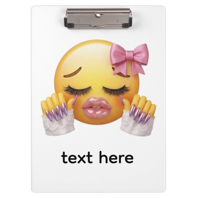 Sassy Blushing Emoji with Pink Bow & Long Nails  Clipboard (Front)