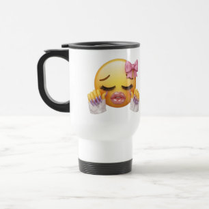 Sassy Blushing Emoji with Pink Bow & Long Nails  Travel Mug