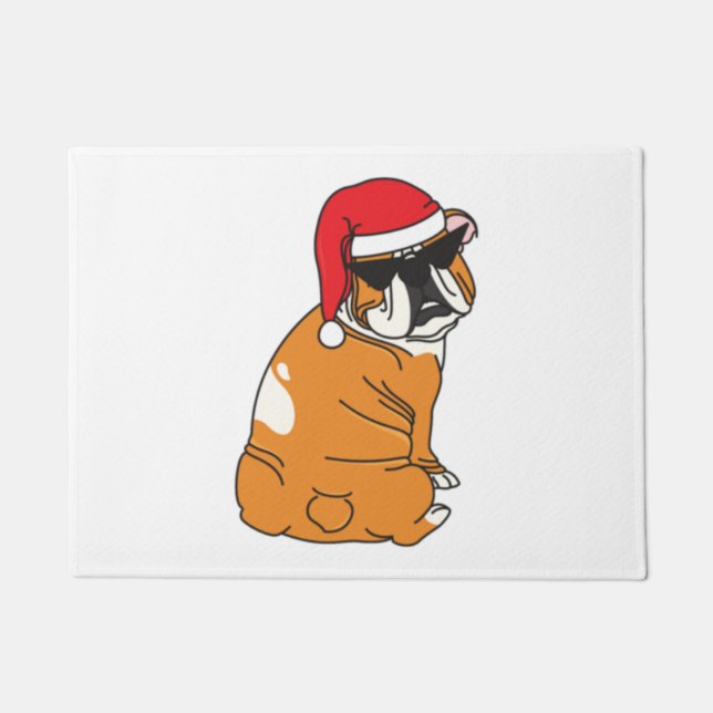 Sassy Bulldog in Santa Hat   Doormat (Front)