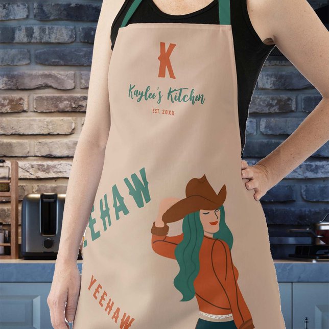 Sassy Cowgirl Yeehaw Terracotta Teal Monogram Gift Apron (friendsgiving christmas gift custom mom hostess apron monogram terracotta country western rustic)
