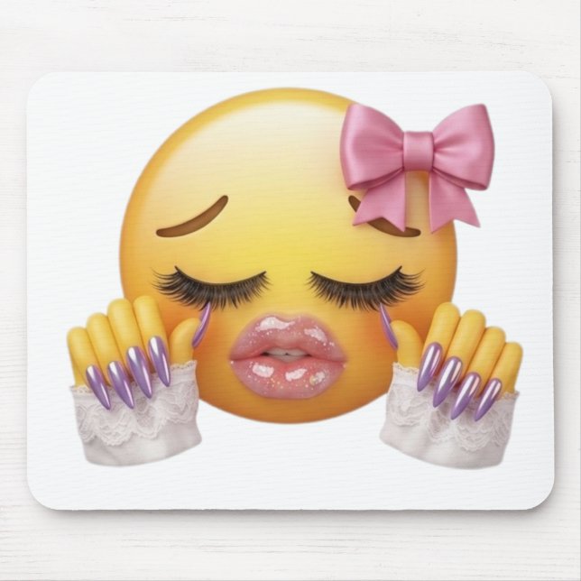 Sassy Crying Emoji with Pink Bow and Nails Mouse Pad (Front)