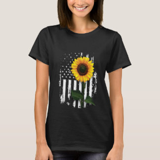 Sassy Cute Yellow Sunflower White American Flag Pu T-Shirt