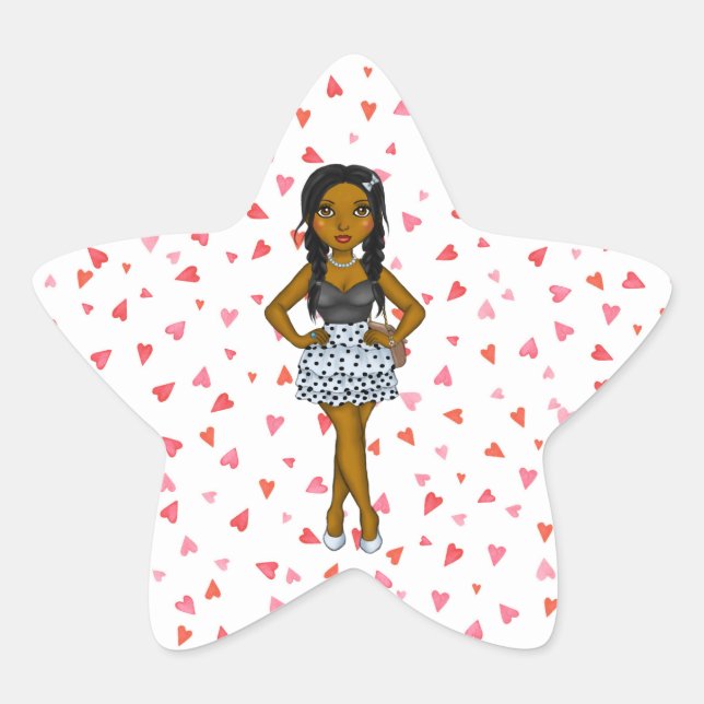 Sassy Diva In Polka Dot Skirt Heart Background Star Sticker (Front)
