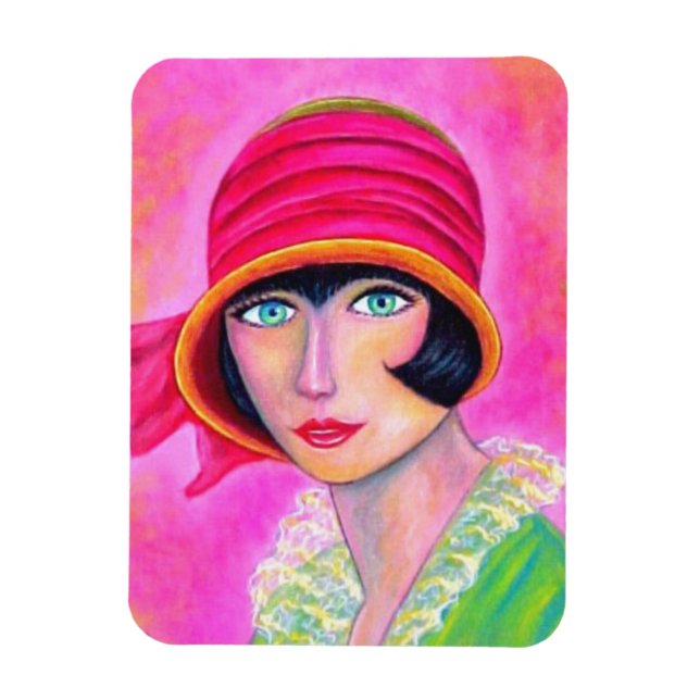 Sassy Flapper Girl Hot Pink Hat Roaring Twenties Magnet (Vertical)