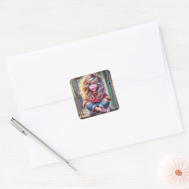Sassy Girl Blowing Bubblegum Bubble Square Sticker (Envelope)