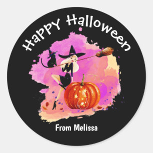 Sassy Halloween Witch With Cat Classic Round Stick Sticker