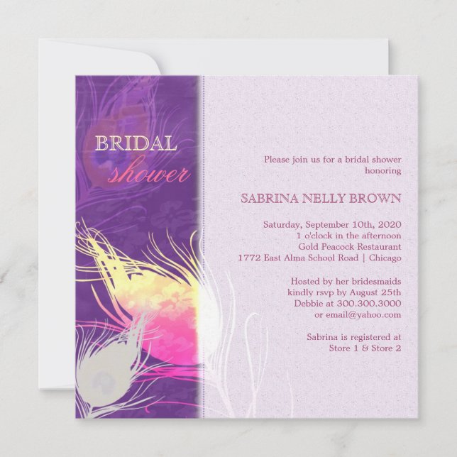 Sassy Peacock Feather Silhouette Bridal Shower Invitation (Front)