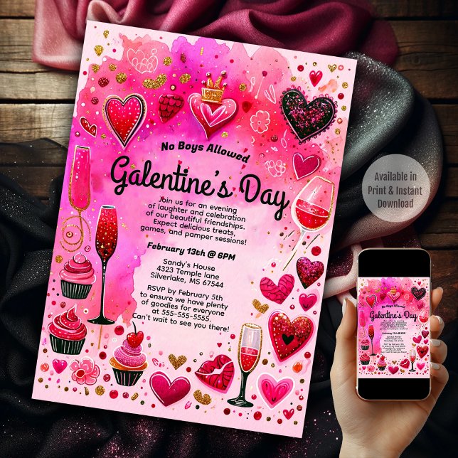 Sassy Pink Watercolor Girl's Galentine's Day Party Invitation (Galentine's Day)