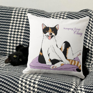 Sassy Purple Whimsical Calico Cat Classy Cushion