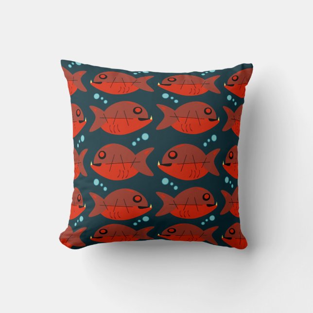 Sassy Red Fish Pattern Fun Retro Happy Design Cushion (Front)