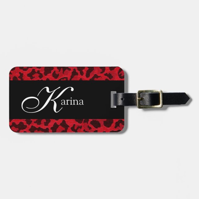 Sassy Red Leopard Monogram Luggage Tag (Front Horizontal)