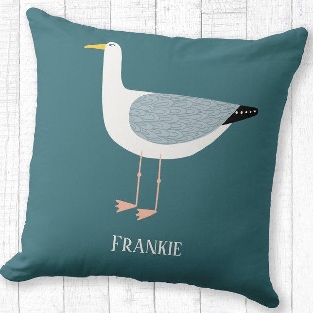 Sassy Seagull Personalised Cushion (Fun seagull personalized name coastal themed throw pillow)