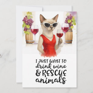 Sassy Siamese Cat drinking wine to rescue animal Holiday Card