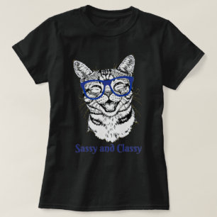 Sassy Tabby Cat Blue Glasses Sketch Art T-Shirt