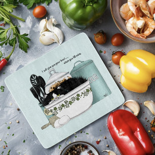 Sassy Tuxedo Cat Vintage Bowl Aqua Retro Kitchen Cutting Board