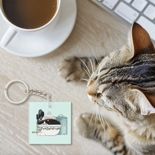 Sassy Tuxedo Cat Vintage Bowl Aqua Retro Kitchen Key Ring