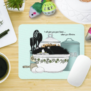 Sassy Tuxedo Cat Vintage Bowl Aqua Retro Kitchen Mouse Pad