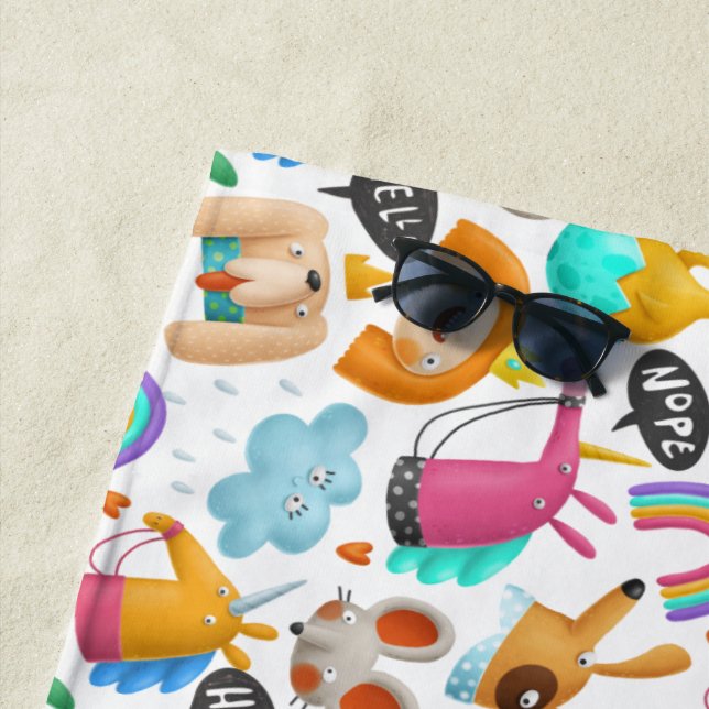 Sassy unicorns and animal doodles beach towel (In Situ)