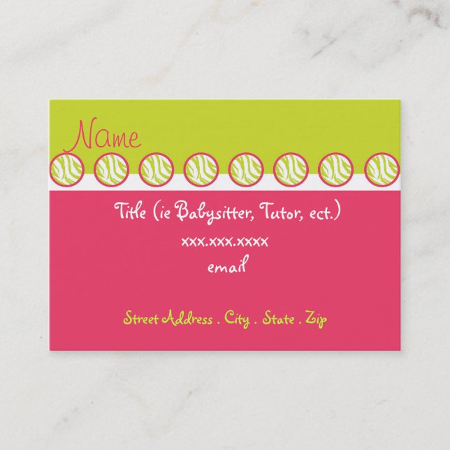 Sassy Zebra Babysitter Business Cards (Front)