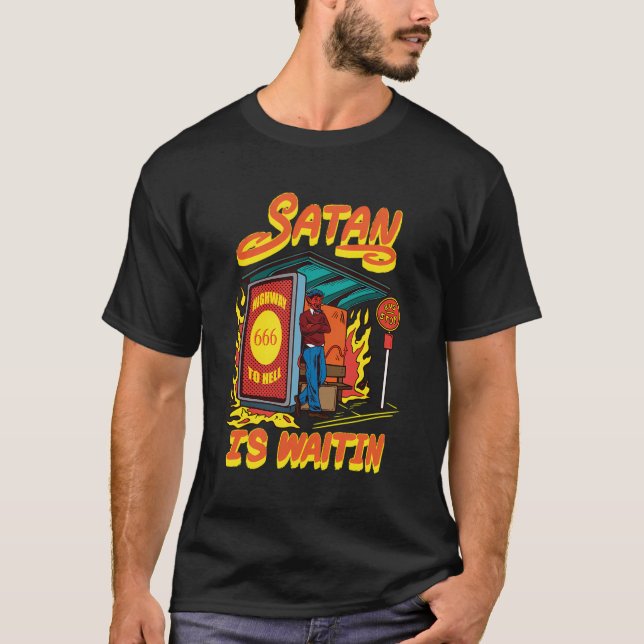Satan Is Waiting At The Bus-Stop Funny Lucifer Gif T-Shirt (Front)