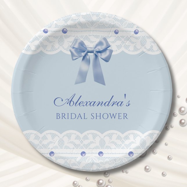 Satin Bow Pearl Something Blue Bridal Shower Paper Plate (Creator Uploaded)