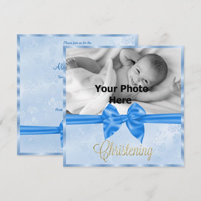 Satin Bow Photo Boy's Christening Invitation (Front/Back)
