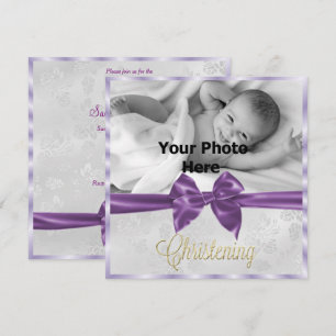 Satin Bow Photo Girl's Christening Invitation