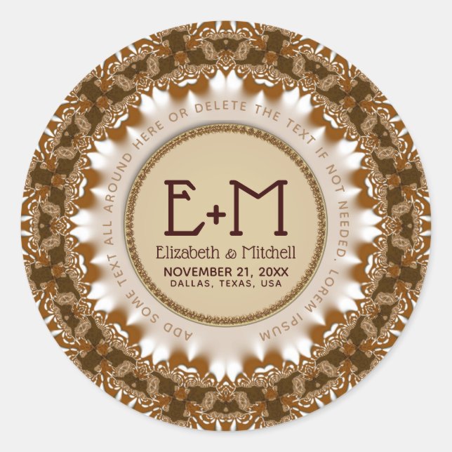 Satin Earth Lace Monogram Classic Round Sticker (Front)