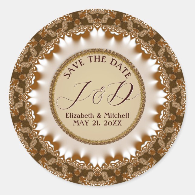 Satin Earth Lace Monogram Save the Date Classic Round Sticker (Front)