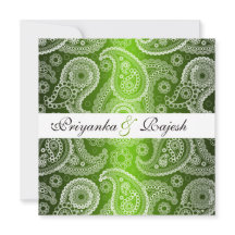 Satin Green White Lace Paisley Wedding Invitation