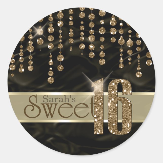 Satin Jewel Sweet Sixteen Black Gold ID260 Classic Round Sticker (Front)