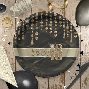 Satin Jewel Sweet Sixteen Black Gold ID260 Paper Plate