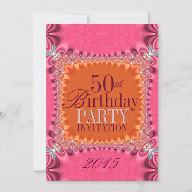 Satin Orange Pink Damask  50th Birthday Invite (Front)