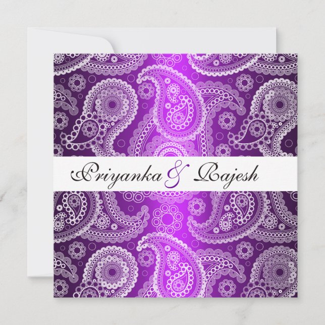 Satin Purple White Lace Paisley Wedding Invitation (Front)