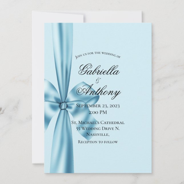 Satin Ribbon Blue Wedding Invitation  (Front)