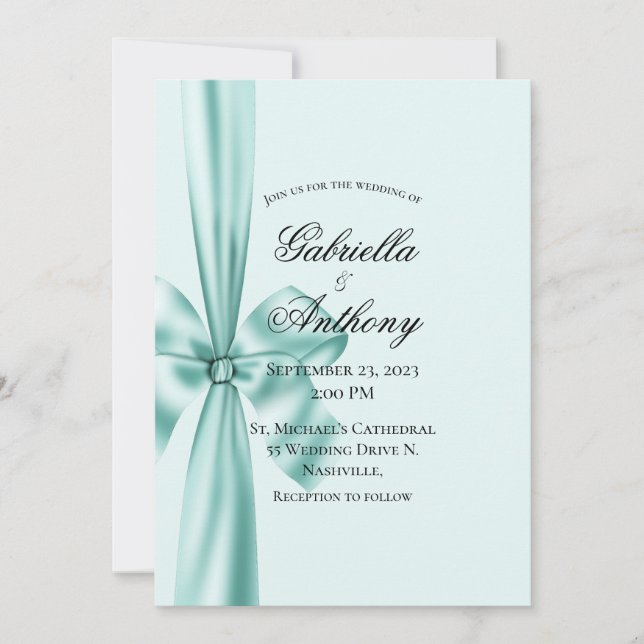 Satin Ribbon Green Wedding Invitation  (Front)