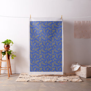 Satin Sheen Gold Leaves on Cerulean Blue Fabric