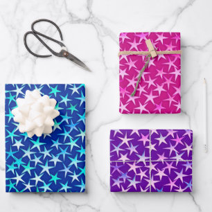 Satin Stars, Deep Blue, Fuchsia Pink and Purple Wrapping Paper Sheet
