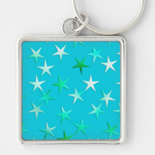 Satin stars, pale green and blue on turquoise key ring
