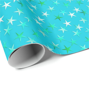 Satin stars, pale green and blue on turquoise wrapping paper