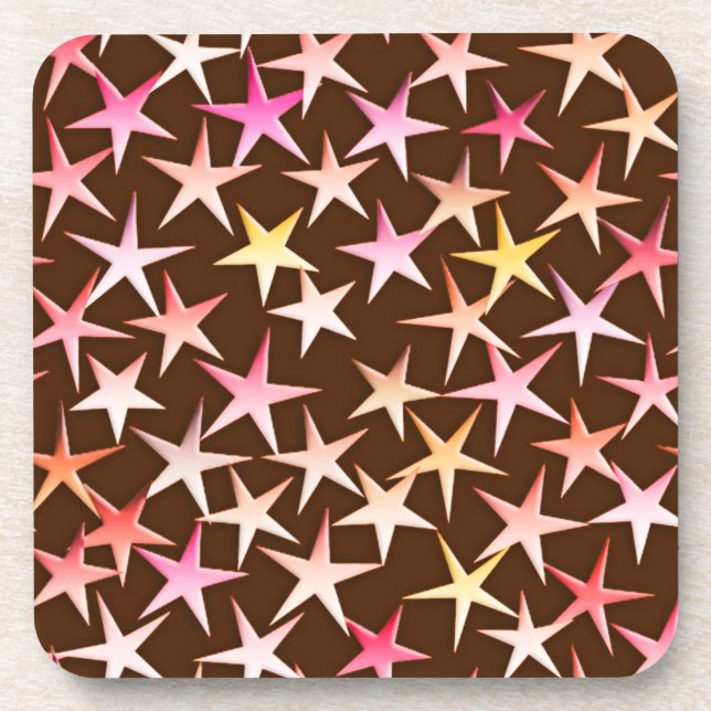 Satin stars, pink on chocolate coaster (Front)