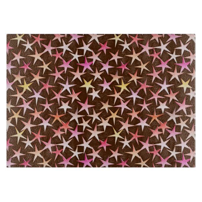 Satin stars, pink on chocolate cutting board (Front)