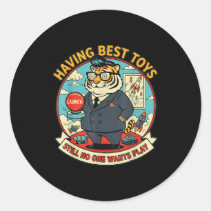 Satirical tiger with toys funny graphic retro classic round sticker