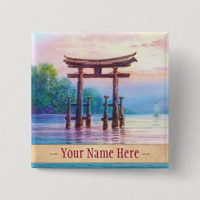 Satta Miyajima Torii and Sailboats japanese art 15 Cm Square Badge (Front)