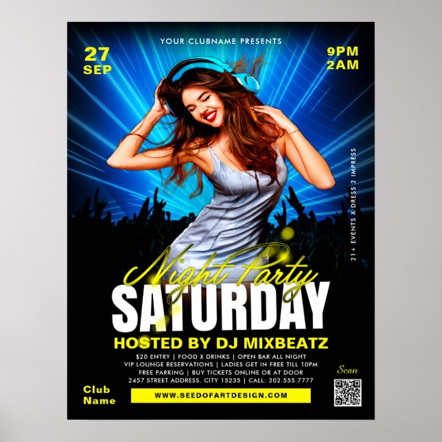Saturday Night Party Girl Dancing Club Event Poster (Front)